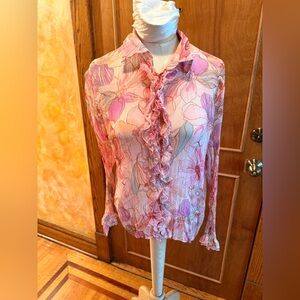 Women's Pink Floral Ruffle-Front Blouse from Everyday Clothing Co